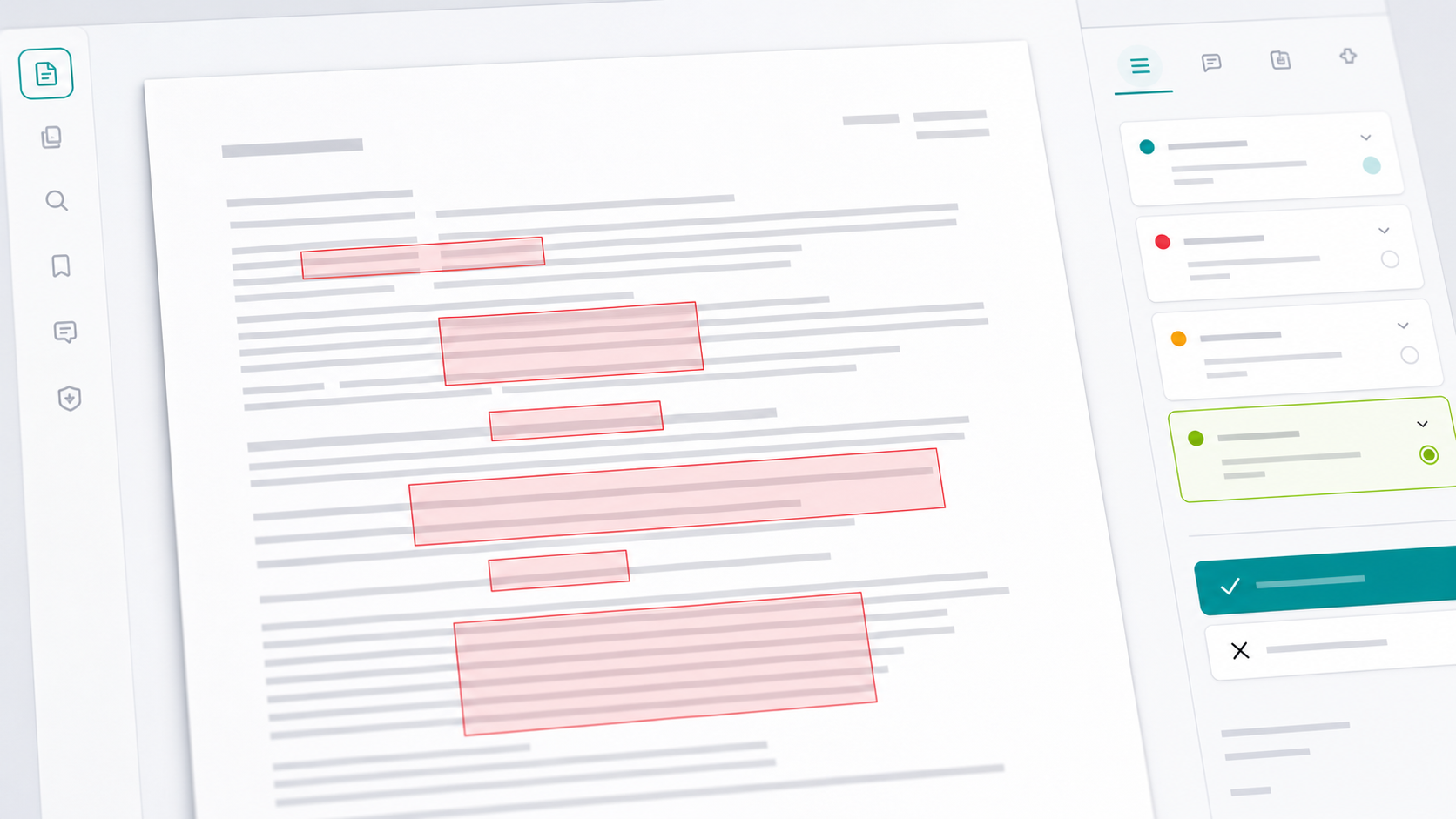 AI-assisted privacy review showing detected sensitive document regions and reviewer disposition controls.